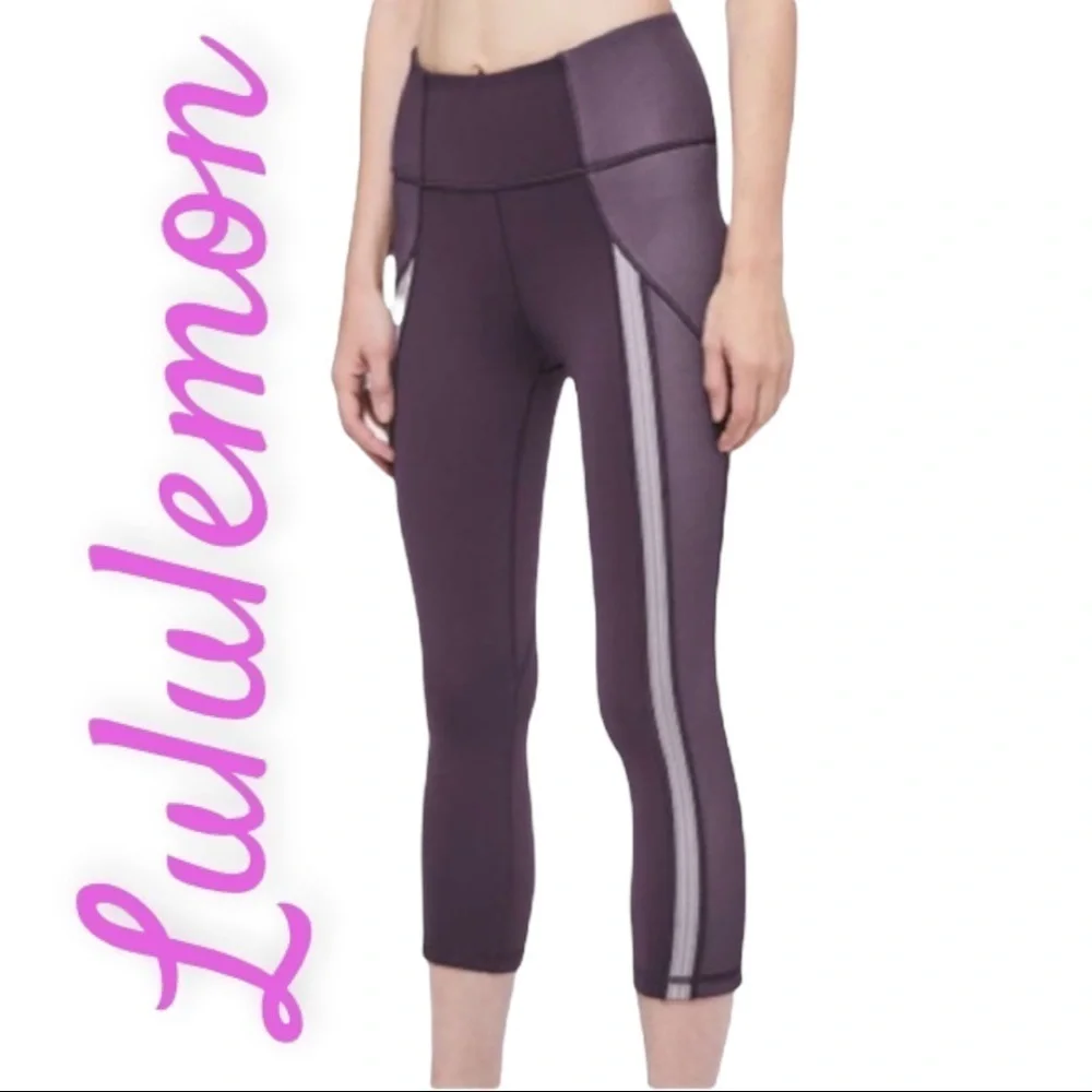 LULULEMON‎ CYBER DARK CHROME PRUPLE POWER LINES CROPPED LEGGINGS YOGA RUNNING 10